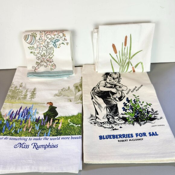 Other - 4 Tea Towels Miss Rumphius, Blueberries for Sal, Cat O Nine Tails, Butterfly Egg